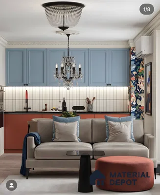 Eclectic Kitchen-Living Space With Blue And Terracotta Cabinets | Material Depot