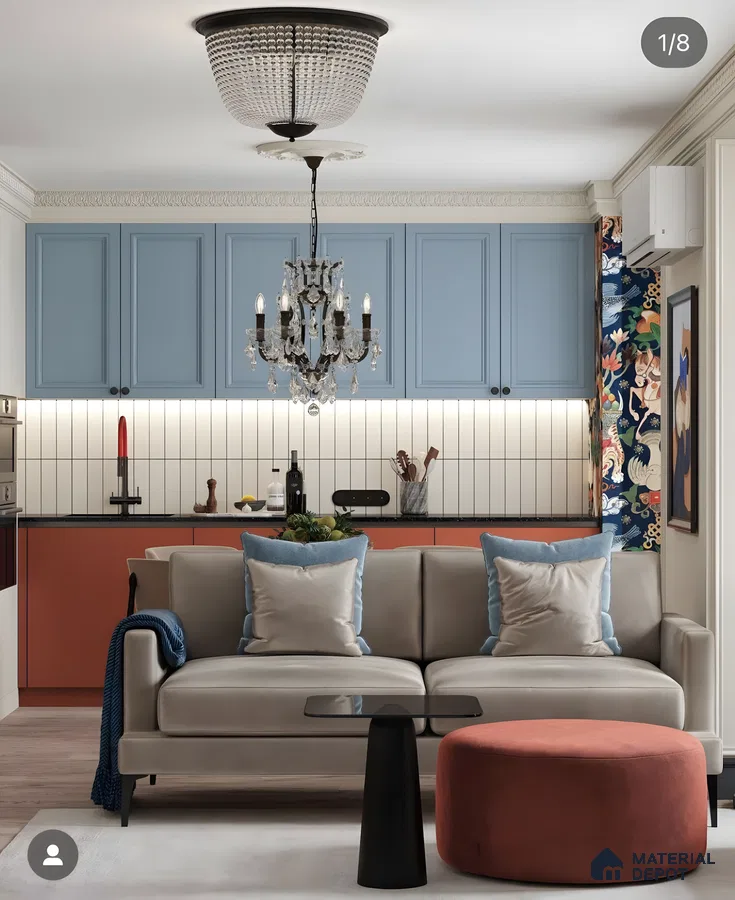 Eclectic Kitchen-Living Space With Blue And Terracotta Cabinets | Material Depot
