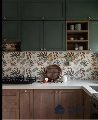 Eclectic Kitchen With Forest Green And Walnut Cabinets, Paired With A Tropical Floral Backsplash And Brass Accents | Material Depot
