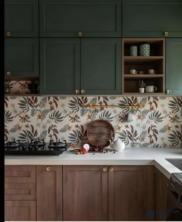Eclectic Kitchen With Forest Green And Walnut Cabinets, Paired With A Tropical Floral Backsplash And Brass Accents | Material Depot