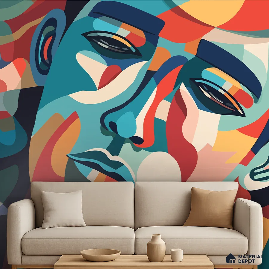 Eclectic living room with abstract geometric wallpaper and beige fabric sofa in Bengaluru