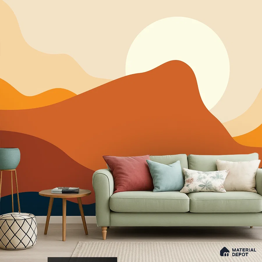 Eclectic living room with abstract geometric wallpaper and pastel green fabric sofa in Bengaluru