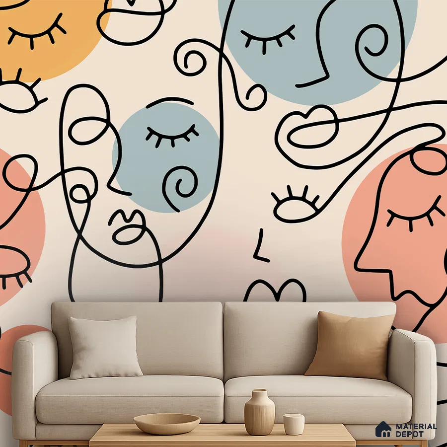Eclectic living room with abstract line art wallpaper and beige fabric sofa in Bengaluru