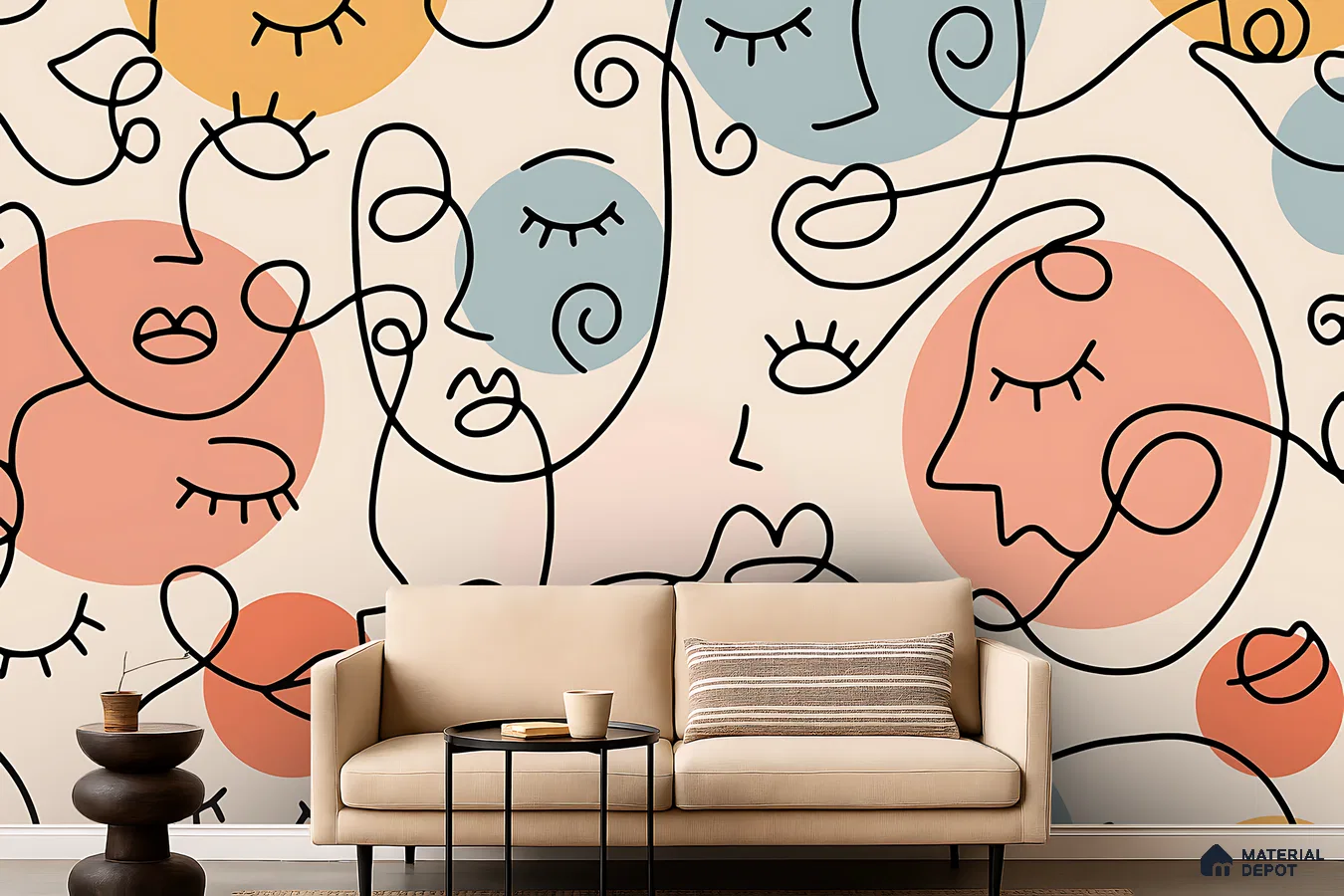 Eclectic living room with abstract line art wallpaper and beige sofa in Bengaluru