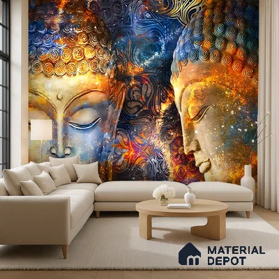 Eclectic living room with Buddha mural wallpaper and beige fabric sofa in Bengaluru