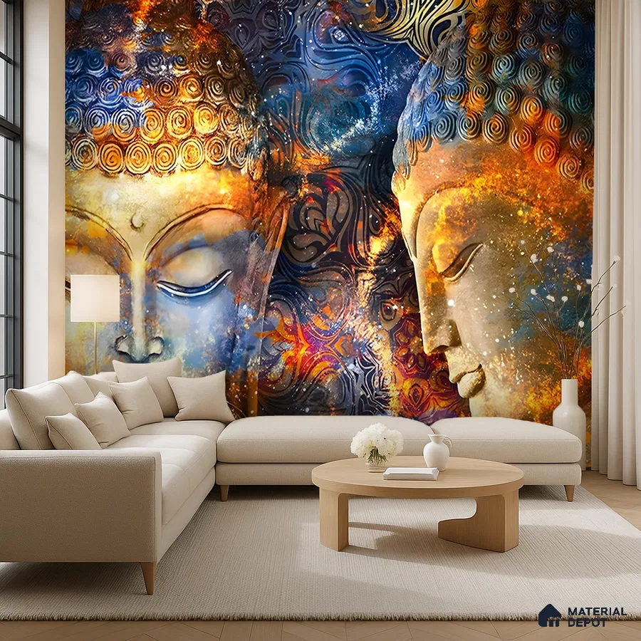Eclectic living room with Buddha mural wallpaper and beige fabric sofa in Bengaluru