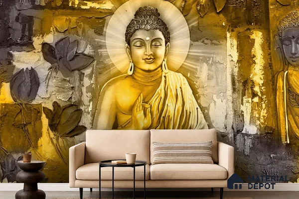 Eclectic living room with Buddha mural wallpaper and beige fabric sofa in Bengaluru