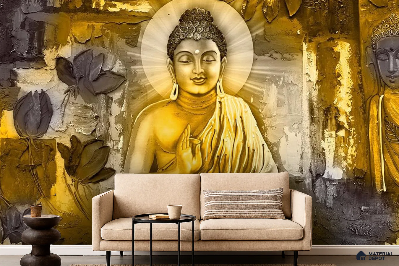 Eclectic living room with Buddha mural wallpaper and beige fabric sofa in Bengaluru
