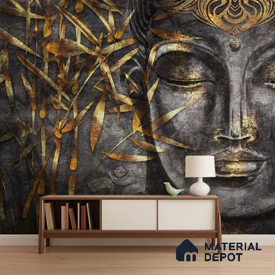 Eclectic living room with Buddha mural wallpaper and mid-century modern console in Bengaluru