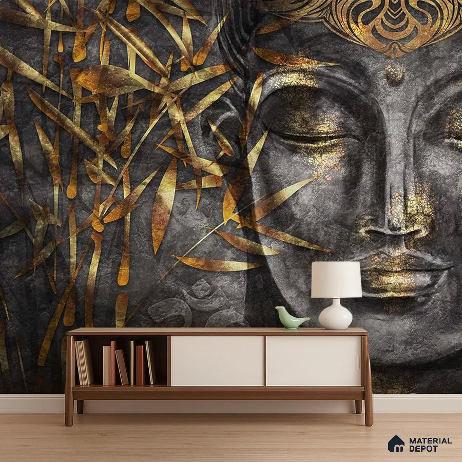 Eclectic living room with Buddha mural wallpaper and mid-century modern console in Bengaluru