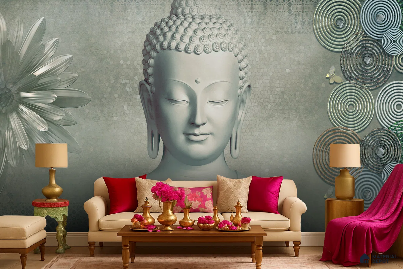 Eclectic living room with Buddha mural wallpaper, beige upholstery, and gold accent decor in Bengaluru