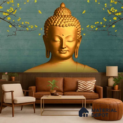 Eclectic living room with Buddha mural wallpaper, brown leather sofa, and wooden wall paneling in Bengaluru