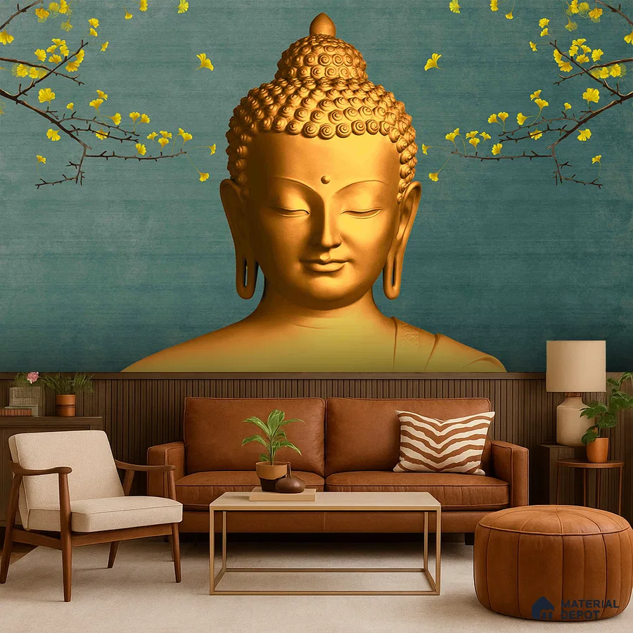 Eclectic living room with Buddha mural wallpaper, brown leather sofa, and wooden wall paneling in Bengaluru