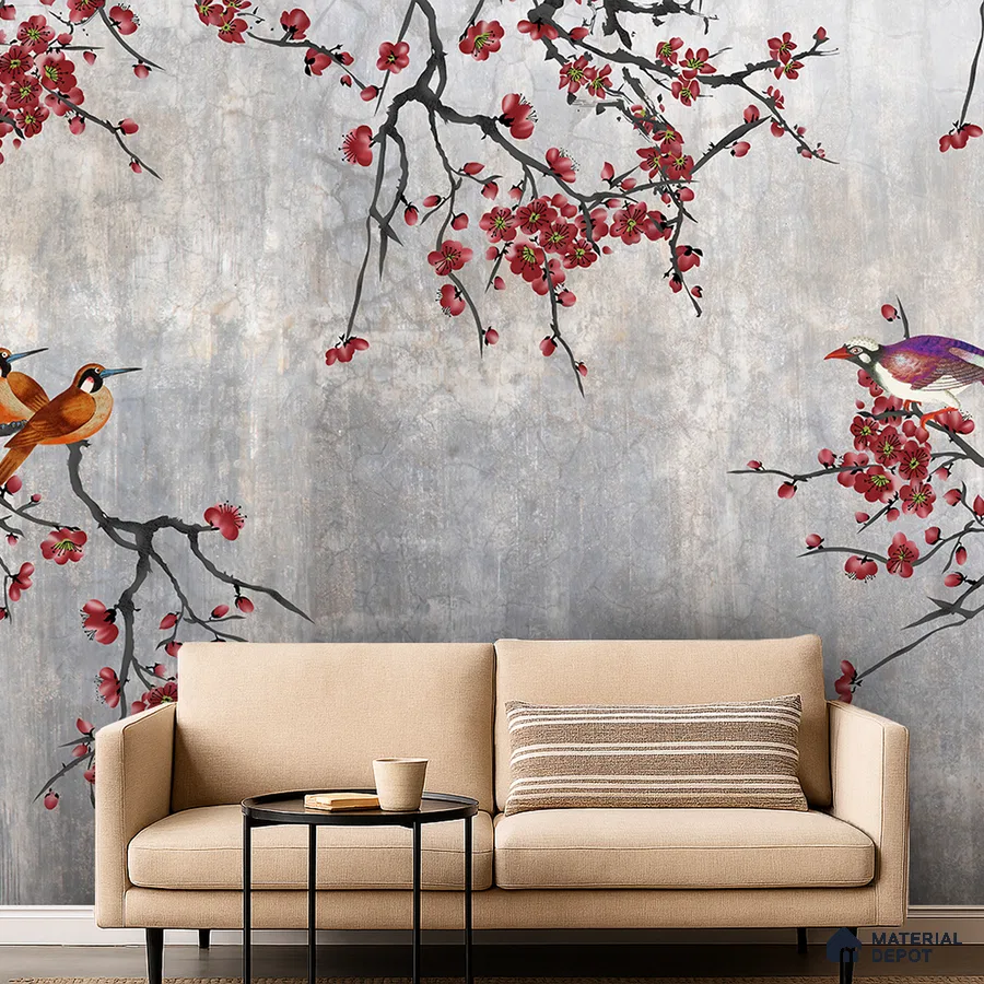 Eclectic living room with chinoiserie floral wallpaper and beige fabric sofa in Bengaluru