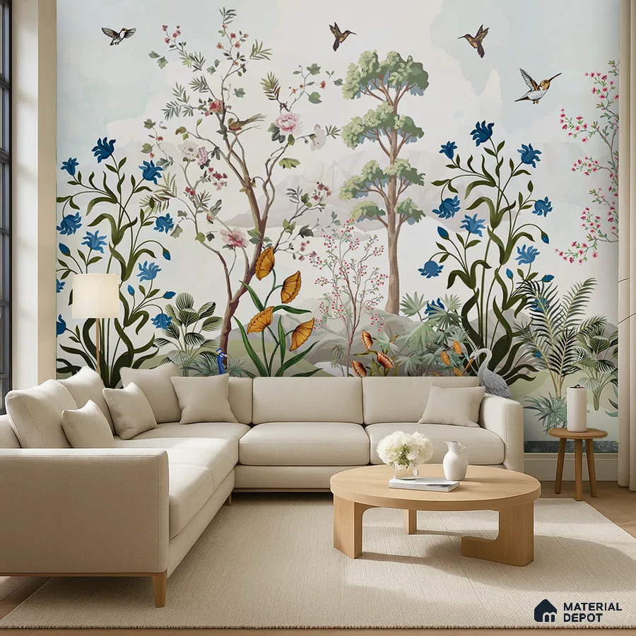 Eclectic living room with chinoiserie floral wallpaper and beige fabric sofa in Bengaluru