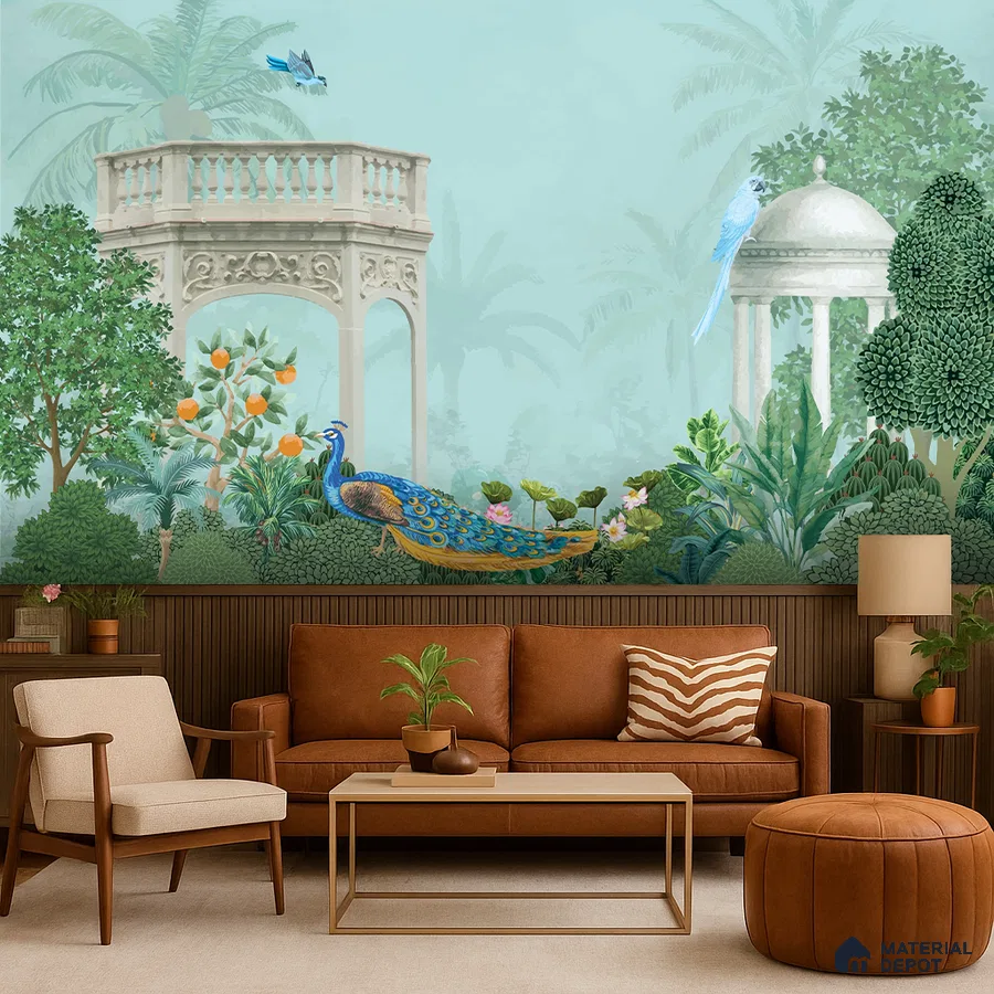 Eclectic living room with chinoiserie peacock wallpaper and tan leather sofa in Bengaluru