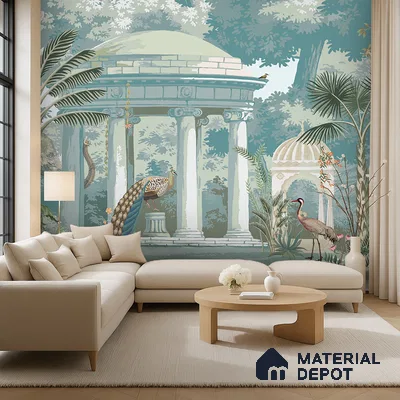 Eclectic living room with chinoiserie wallpaper, beige fabric sofa, and light wood coffee table in Bengaluru
