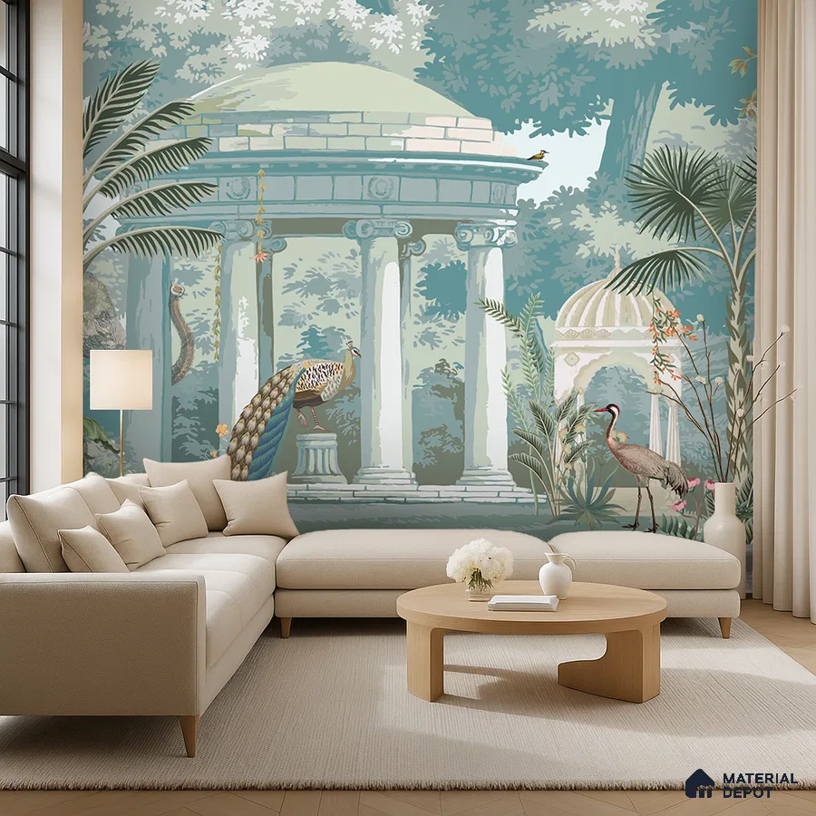 Eclectic living room with chinoiserie wallpaper, beige fabric sofa, and light wood coffee table in Bengaluru