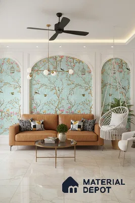 Eclectic living room with chinoiserie wallpaper, tan leather sofa, and glossy marble floor tiles in Bengaluru