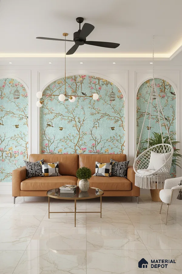 Eclectic living room with chinoiserie wallpaper, tan leather sofa, and glossy marble floor tiles in Bengaluru