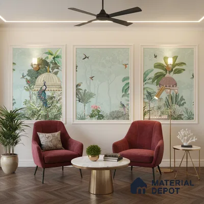 Eclectic living room with chinoiserie wallpaper, velvet chairs, and marble top coffee table in Bengaluru