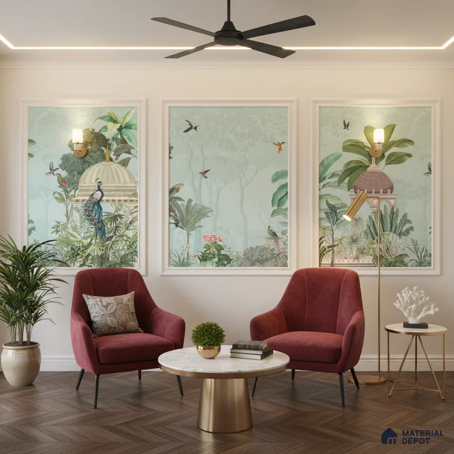 Eclectic living room with chinoiserie wallpaper, velvet chairs, and marble top coffee table in Bengaluru