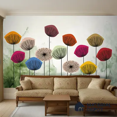 Eclectic living room with colorful floral patterned wallpaper and traditional wooden sofa in Bengaluru