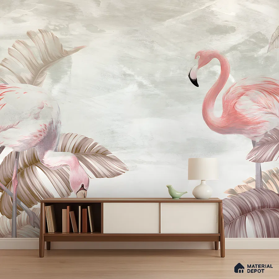 Eclectic living room with flamingo-themed tropical wallpaper and mid-century modern console in Bengaluru