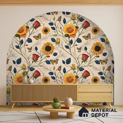 Eclectic living room with floral wallpaper accent and light oak fluted console in Bengaluru