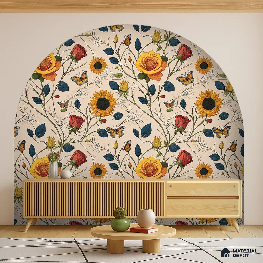 Eclectic living room with floral wallpaper accent and light oak fluted console in Bengaluru