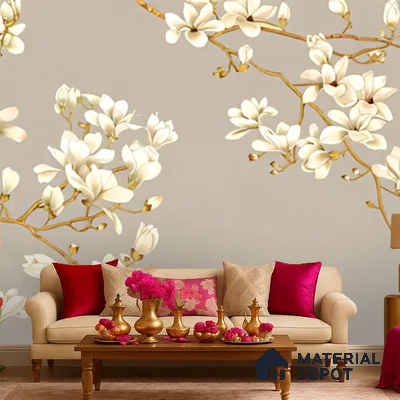 Eclectic living room with floral wallpaper, beige sofa, and gold accent decor in Bengaluru
