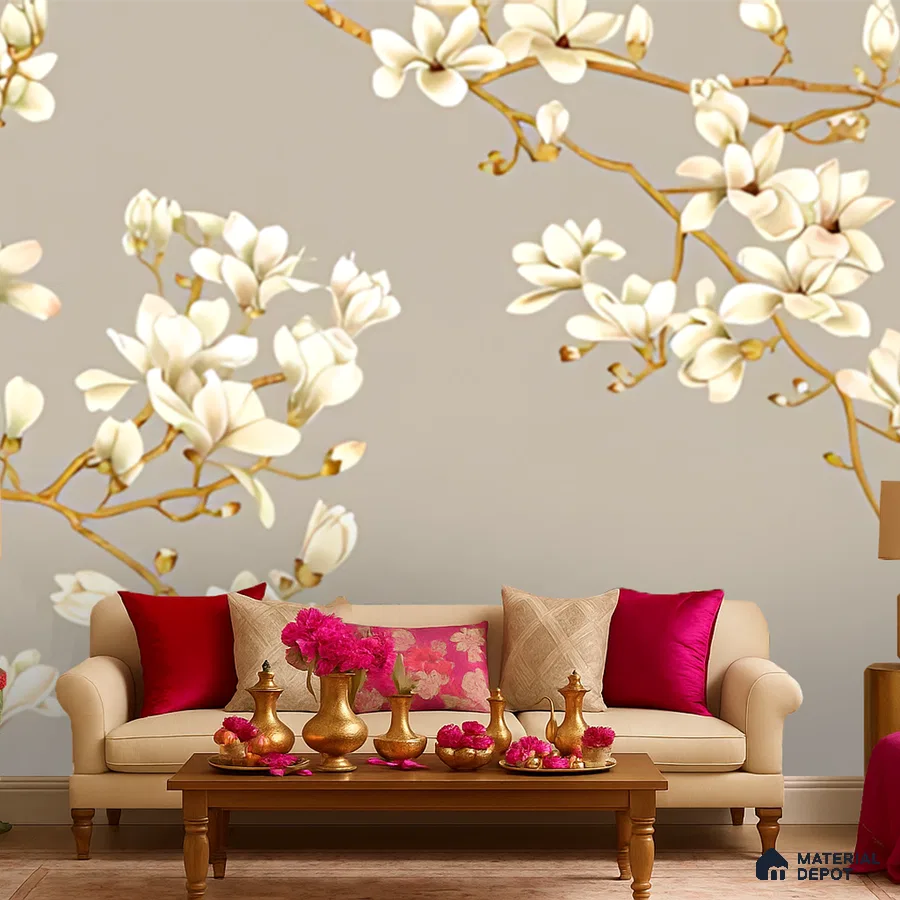 Eclectic living room with floral wallpaper, beige sofa, and gold accent decor in Bengaluru