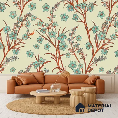 Eclectic living room with floral wallpaper, tan leather sofa, and light wood coffee table in Bengaluru