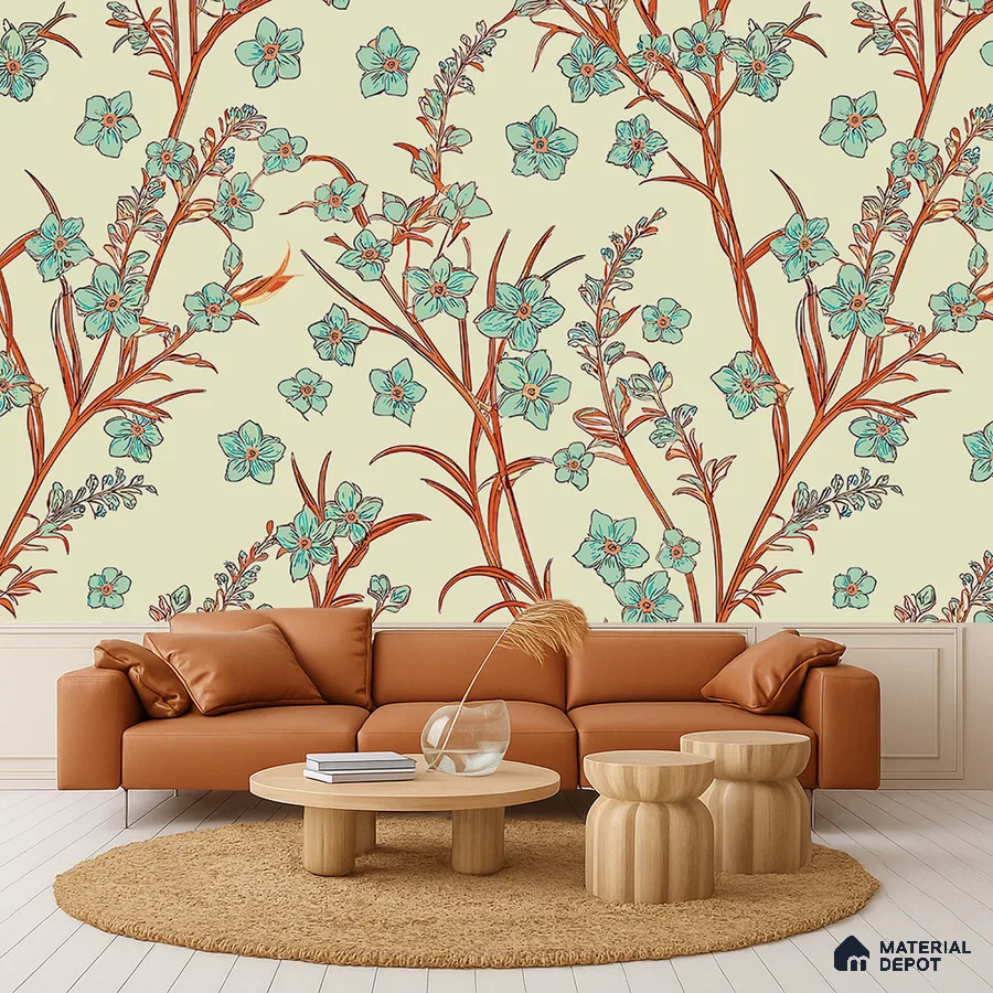 Eclectic living room with floral wallpaper, tan leather sofa, and light wood coffee table in Bengaluru