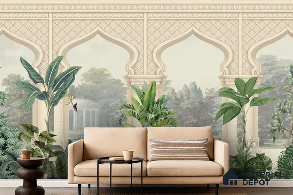 Eclectic living room with Indian arch patterned wallpaper and beige sofa in Bengaluru