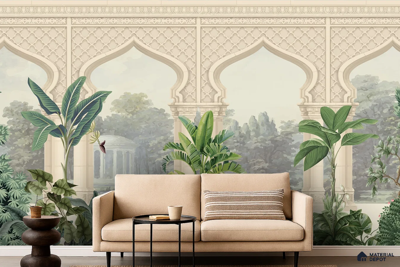 Eclectic living room with Indian arch patterned wallpaper and beige sofa in Bengaluru
