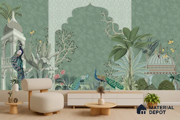Eclectic living room with Indian chinoiserie wallpaper, light wood flooring, and minimalist furniture in Bengaluru