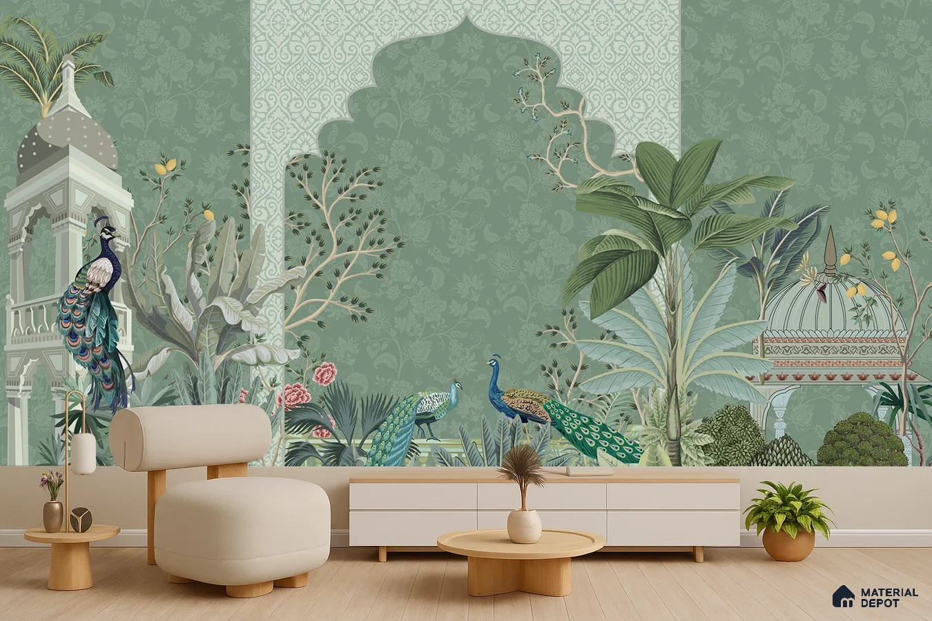 Eclectic living room with Indian chinoiserie wallpaper, light wood flooring, and minimalist furniture in Bengaluru