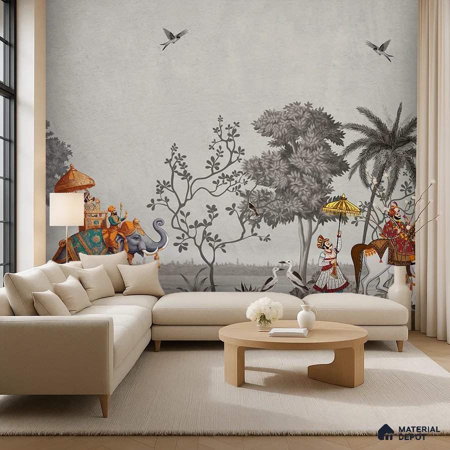Eclectic living room with Indian mural wallpaper and beige fabric sofa in Bengaluru