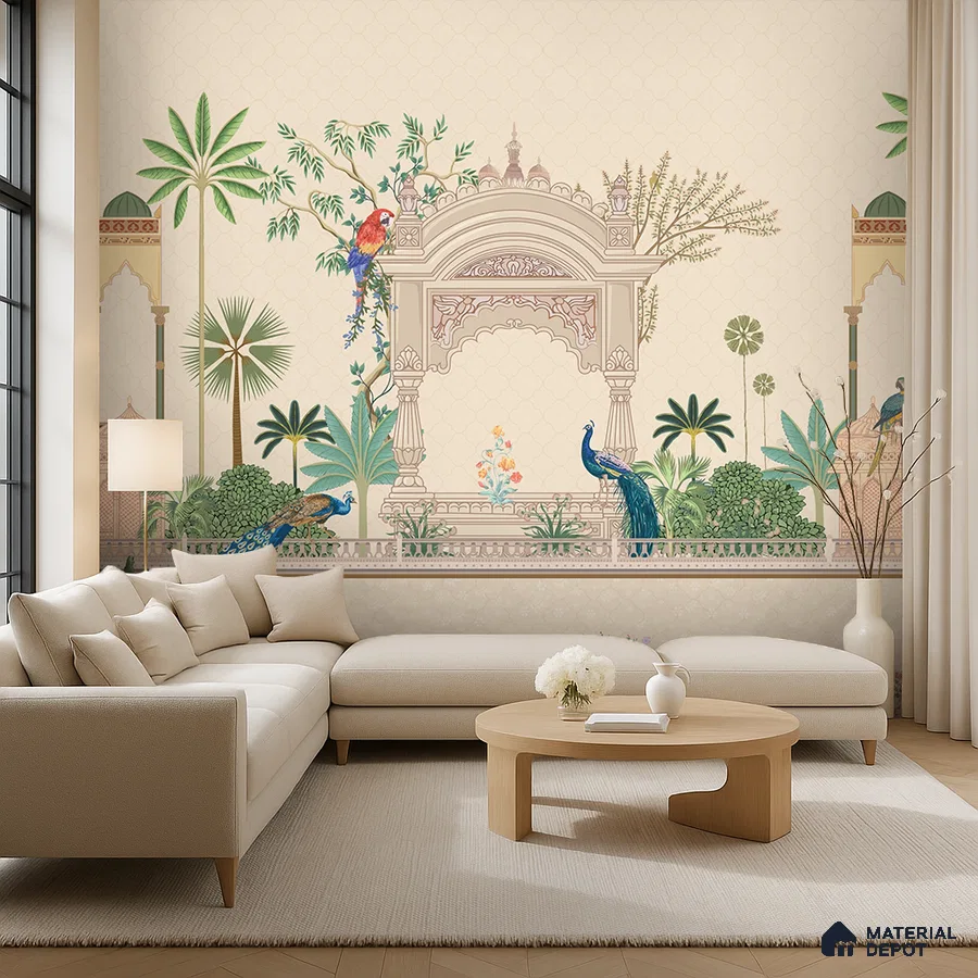 Eclectic living room with Indian mural wallpaper and beige upholstery in Bengaluru