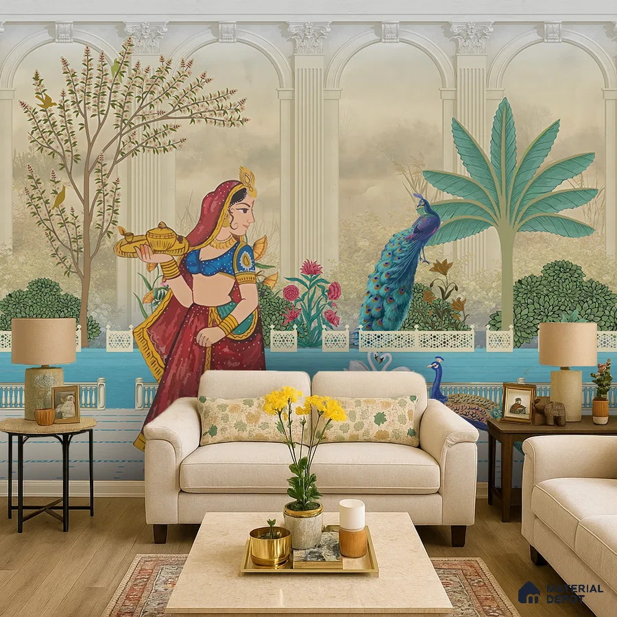 Eclectic living room with Indian mural wallpaper and beige upholstery in Bengaluru