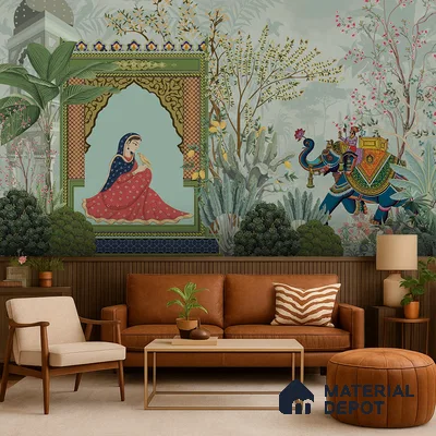 Eclectic living room with Indian mural wallpaper and brown leather sofa in Bengaluru
