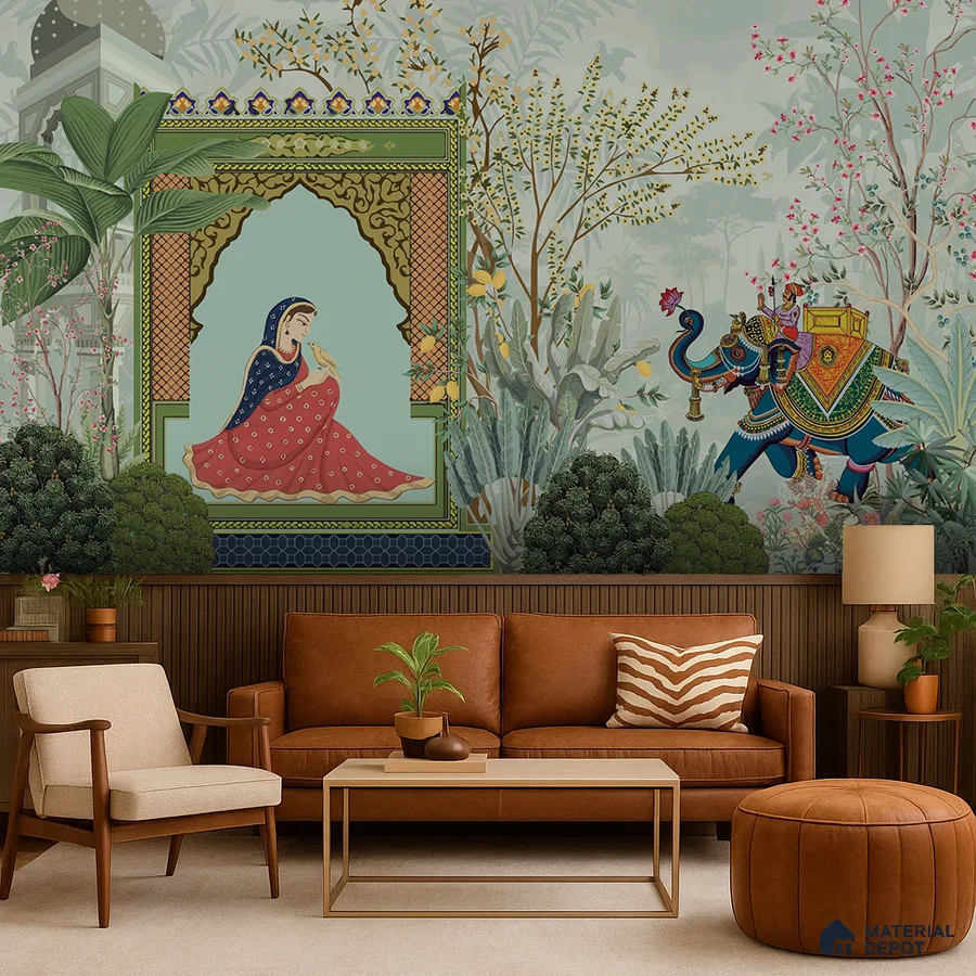 Eclectic living room with Indian mural wallpaper and brown leather sofa in Bengaluru