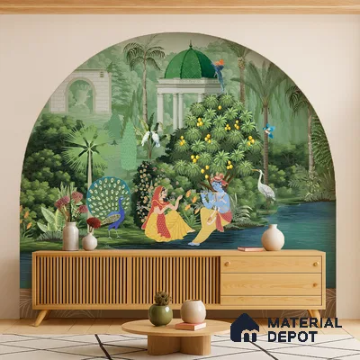 Eclectic living room with Indian mural wallpaper and natural wood fluted console in Bengaluru