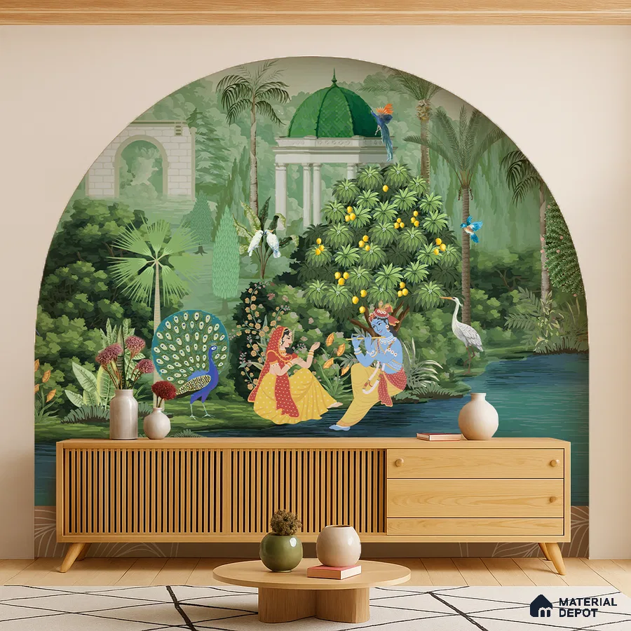 Eclectic living room with Indian mural wallpaper and natural wood fluted console in Bengaluru