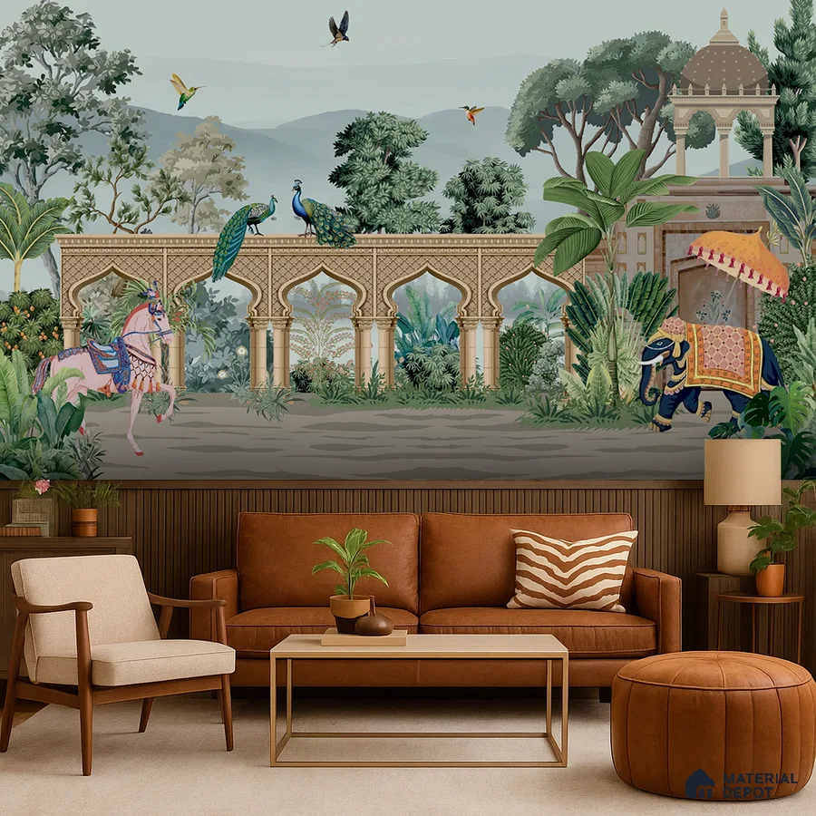 Eclectic living room with Indian mural wallpaper and walnut wood panelling in Bengaluru