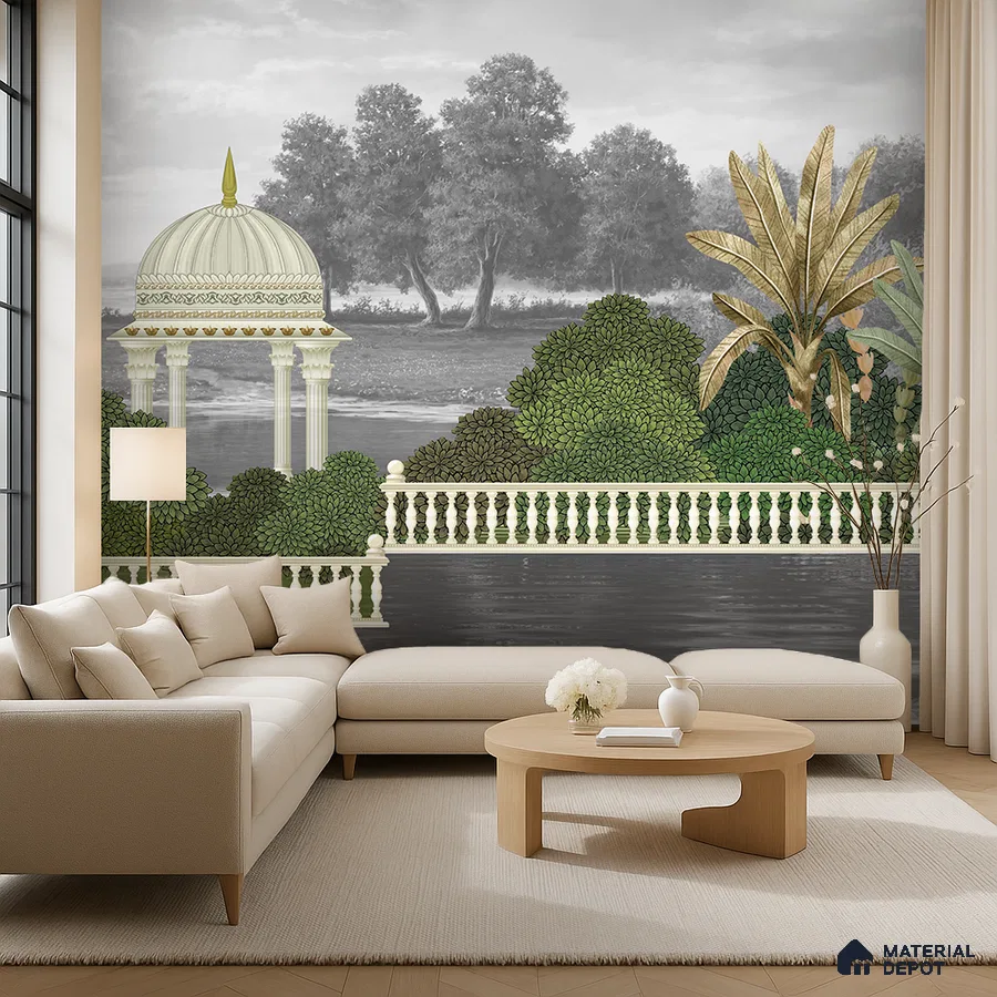 Eclectic living room with Indian mural wallpaper, beige fabric sofa, and light wood coffee table in Bengaluru