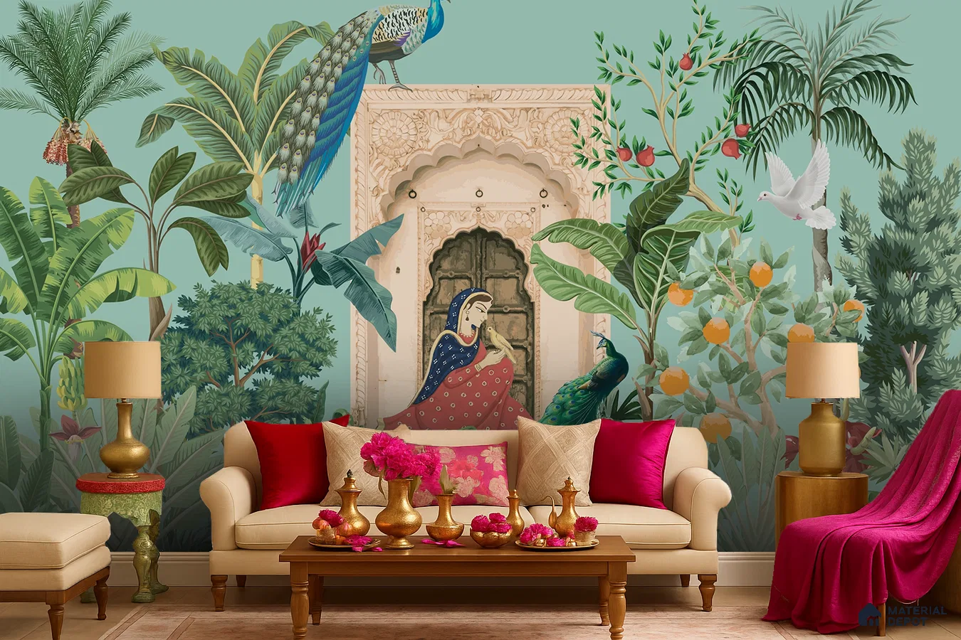 Eclectic living room with Indian mural wallpaper, beige upholstery, and gold accent decor in Bengaluru