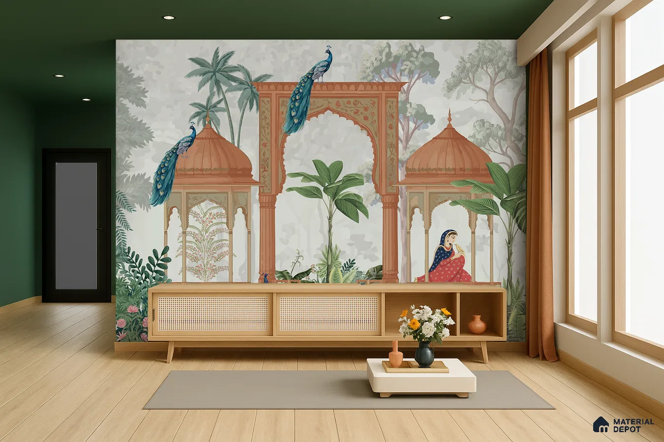 Eclectic living room with Indian mural wallpaper, natural cane panel console, and light oak wooden flooring in Bengaluru