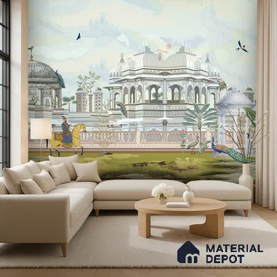 Eclectic living room with Indian palace mural wallpaper and beige upholstery in Bengaluru